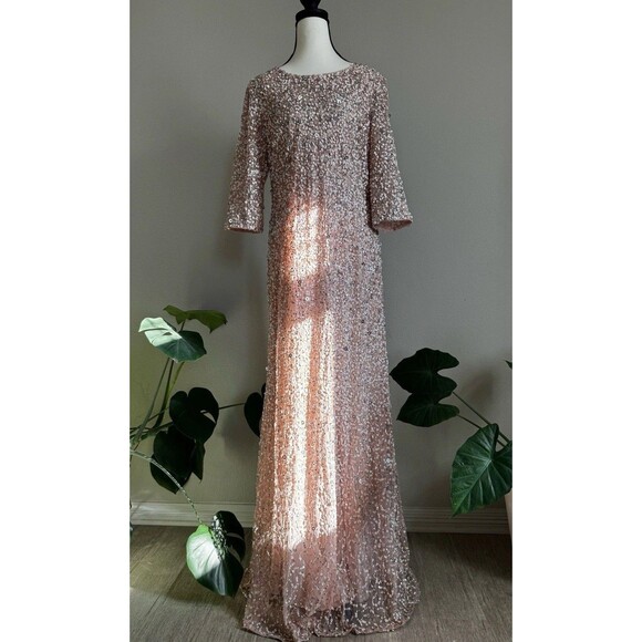 Adrianna Papell Sequin Beaded Gown Pink Nude 16 Formal Evening Dress - Picture 3 of 13